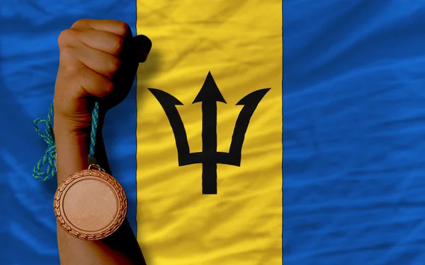 Bronze medal for sport and national flag of barbados — Stock Photo, Image