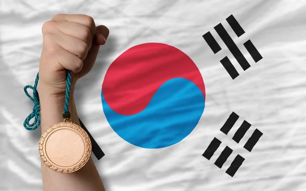 Bronze medal for sport and national flag of south korea — Stock Photo, Image