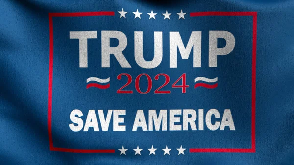 President Trump, Save America 2024 flag blowing in the wind. 3D rendering illustration of waving sign.