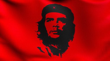 Che Guevara, rüzgarda dalgalanan Küba bayrağı. El sallama işaretinin 3 boyutlu canlandırması