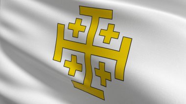Kudüs Krallığı bayrağı rüzgarda dalgalanıyor. El sallama işaretinin 3 boyutlu canlandırması