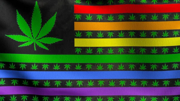 Bandera Rainbow Weed Soplando Viento Ilustración Representación Del Signo Ondulatorio —  Fotos de Stock