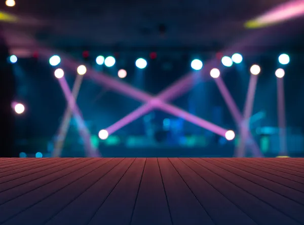 Empty Table Board Blurry Bokeh Stage Concert Colorful Lighting Laser — Stock Photo, Image