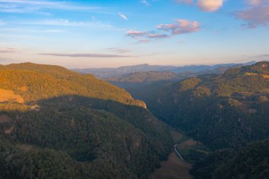 Orman ağaçlarının ve yeşil dağ tepelerinin havadan görünüşü. Doğa manzarası arka planı, Tayland.