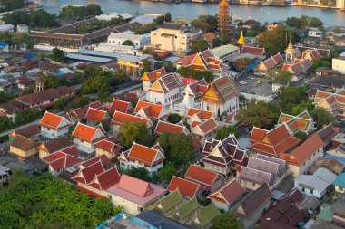 Aerial top view of Wat Thong Noppakhun, Bangkok City, Thailand. Thai buddhist temple architecture. Tourist attraction.