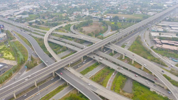Aerial View Cars Driving Highway Moterway Overpass Bridge Street Roads — Stock Photo, Image