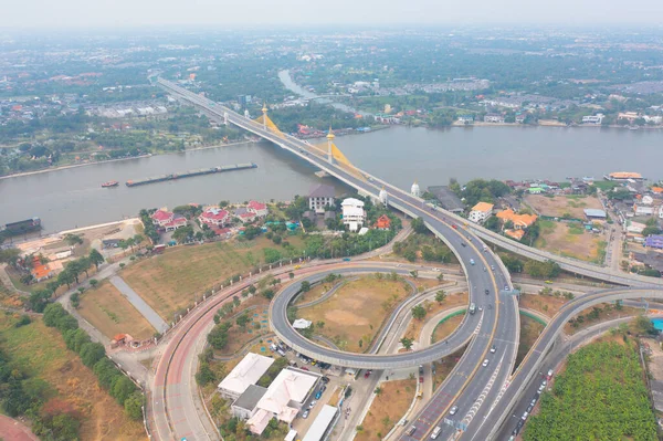 Αεροφωτογραφία Της Γέφυρας Maha Chesadabodindranusorn Της Γέφυρας Nonthaburi Που Διασχίζει — Φωτογραφία Αρχείου