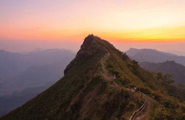 Orman ağaçlarının ve sisli, bulutlu yeşil dağ tepelerinin havadan görünüşü. Doğa manzarası arka planı, Tayland.