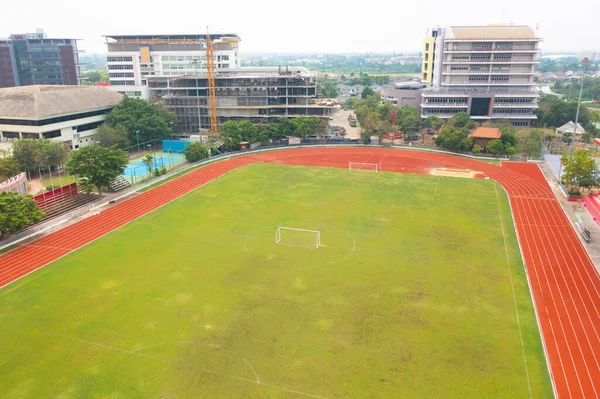 Aerial Top View Rubber Floor Red Running Track Sports Stadium — Zdjęcie stockowe