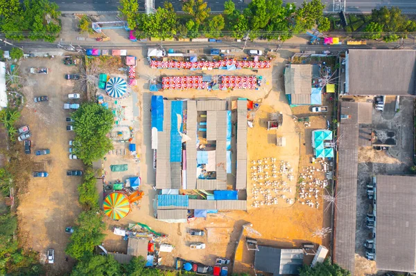 Aerial Top View Night Market People Walking Street Colorful Tents — Stock Photo, Image