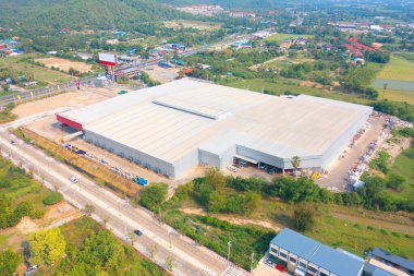 Depo fabrikası endüstrisinin hava manzarası. İnşaat, Lojistik İmalat Atölyesi.