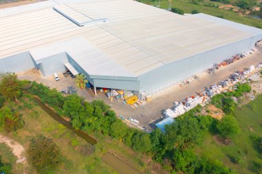 Depo fabrikası endüstrisinin hava manzarası. İnşaat, Lojistik İmalat Atölyesi.