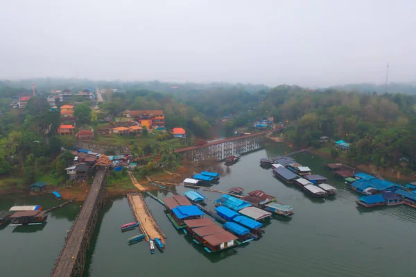 Aerial Top View Mon Bridge Residential Local Houses Mon Village — Stok fotoğraf