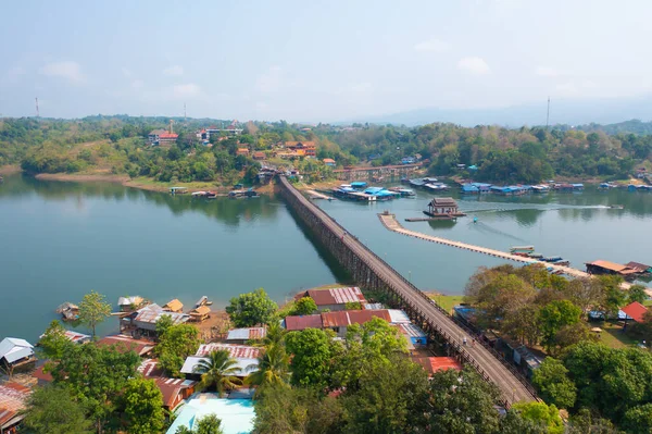 Aerial Top View Mon Bridge Residential Local Houses Mon Village — Stok fotoğraf