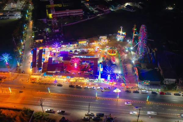 Aerial Top View Amusement Park Night Temple Fair Night Local — Stock fotografie