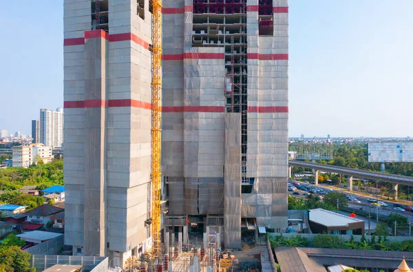 Vista Aérea Trabajadores Industriales Ocupados Obras Construcción Que Trabajan Con —  Fotos de Stock