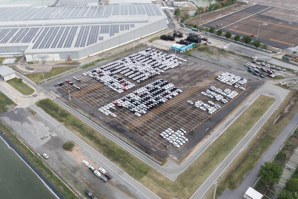 Aerial Top View Autók Parkoló Eladó Stock Sor Kereskedő Leltár — Stock Fotó