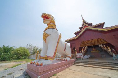 Phuthakaya Temple Pagoda, Sangklaburi Kanchanaburi Attractions. Singha in front of temple Bodhgaya Stupa.Thai architecture. Landmark