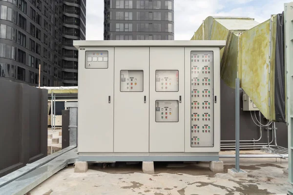 Close up of Industrial electric switch panel power plant in industry factory. Switchgear operation control station monitor manufacturing factory system. generator