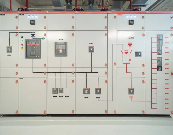 Close up of Industrial electric switch panel power plant in industry factory. Switchgear operation control station monitor manufacturing factory system. generator