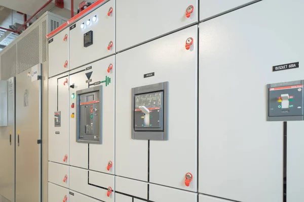 Close up of Industrial electric switch panel power plant in industry factory. Switchgear operation control station monitor manufacturing factory system. generator