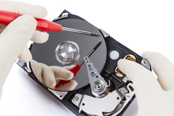 Technician with open hard-disk — Stock Photo, Image