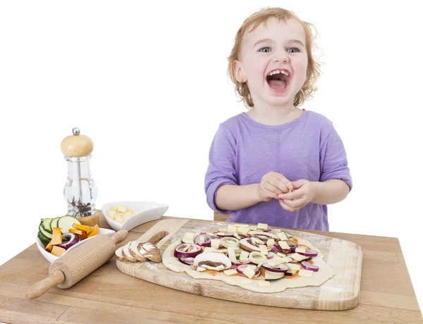 Bambino ridente con pizza fatta in casa — Foto Stock