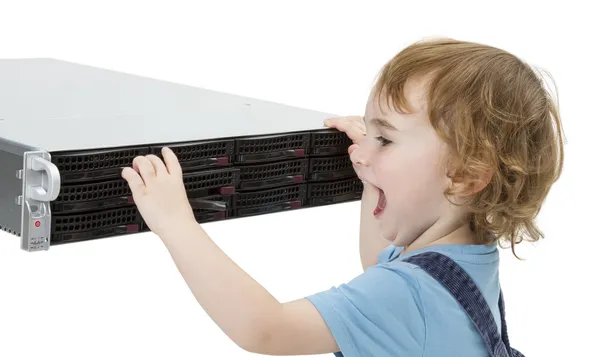 Cute child with network server — Stock Photo, Image