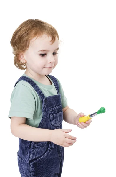 Girl with brush and green paint — Stock Photo, Image