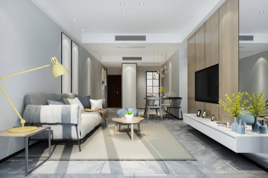 3D, yemek masasının yanındaki raflı lüks oturma odası.