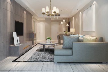 3D, yemek masasının yanındaki raflı lüks oturma odası.