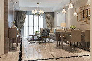 3D, yemek masasının yanındaki raflı lüks oturma odası.