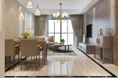 3D, yemek masasının yanındaki raflı lüks oturma odası.