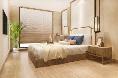 3D, oteldeki, üzerinde televizyon ve çalışma masası olan lüks yatak odası süiti.