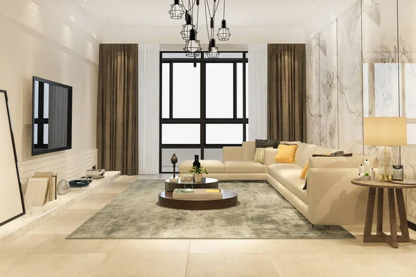 Vykreslování Podkroví Luxusní Obývací Pokoj Mramorovým Dekorem — Stock fotografie