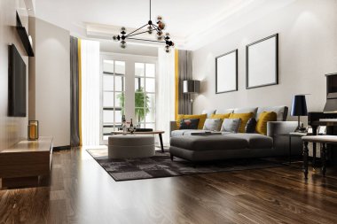 3D, raflı ve piyanolu lüks oturma odası.