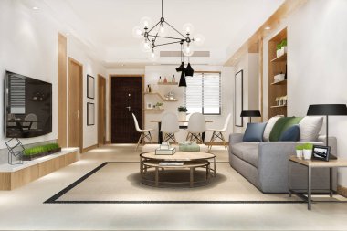 3D, yemek masasının yanındaki raflı lüks oturma odası.