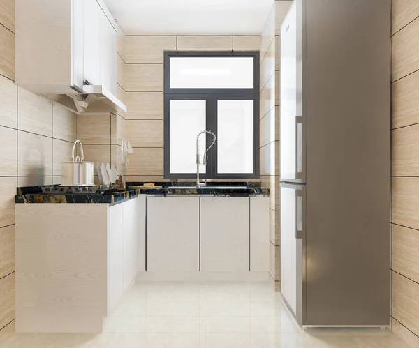 Rendering White Modern Design Kitchen Fridge — Stock Photo, Image