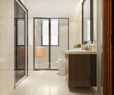 3 boyutlu modern ahşap ve taş gibi beyaz banyo.