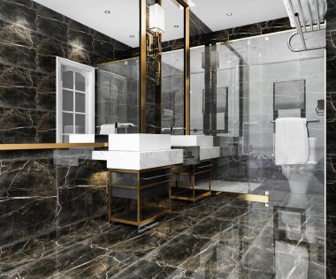 3D render siyah banyo lüks döşeme dekor