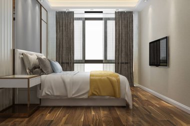 3D görüntüleme, oteldeki TV 'li minimal yatak odası süiti