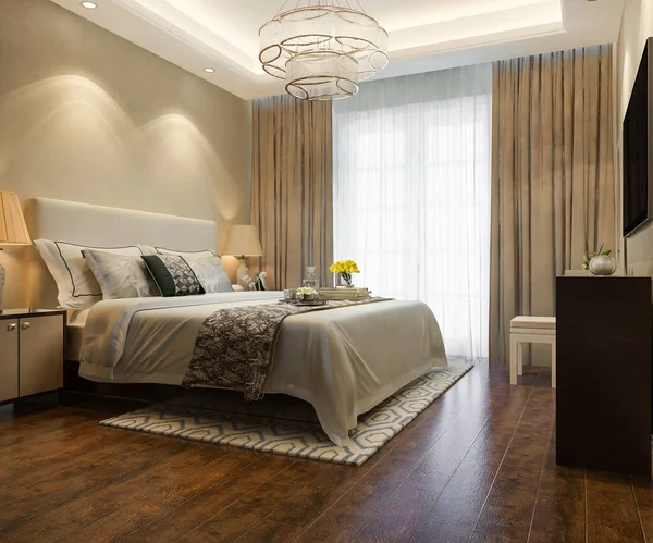 แสดงห องนอนหร หราท สวยงามในโรงแรมพร อมท และโคมไฟระย — ภาพถ่ายสต็อก