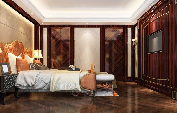 3d rendering beautiful luxury dark wood european classic bedroom suite in hotel