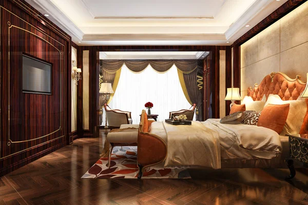 3d rendering beautiful luxury dark wood european classic bedroom suite in hotel