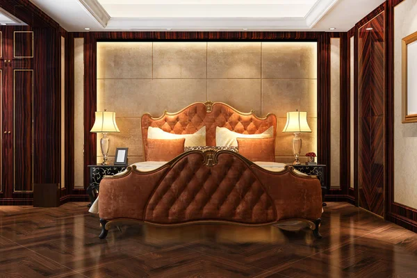 Rendering Mooie Luxe Donker Hout Europese Klassieke Slaapkamer Suite Hotel — Stockfoto
