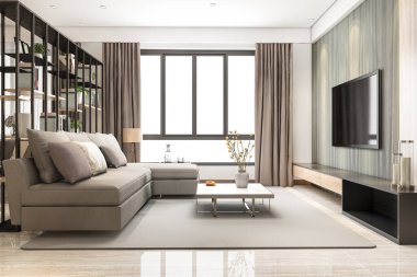 Kitaplık ile 3D render loft lüks oturma odası