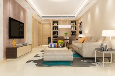 3 boyutlu modern yemek odası ve oturma odasını lüks dekorlarla donatmak.