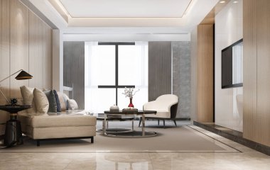 3D render lüks ve modern oturma odası ile kumaş koltuk