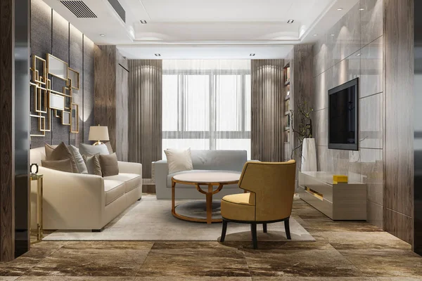 Rendering Mewah Dan Ruang Tamu Modern Dengan Kain Sofa — Stok Foto