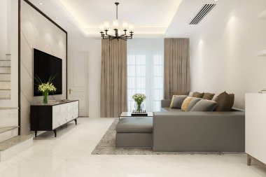 3D render Beyaz ahşap oturma odası yatak odası yukarda yakınındaki